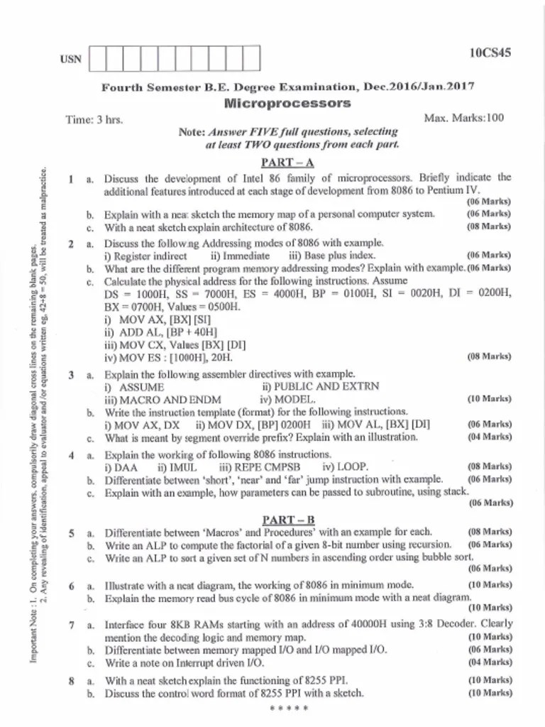 VTU Question Paper Of 10CS45 Microprocessors (IV Sem B.E.) December 2016 | PDF