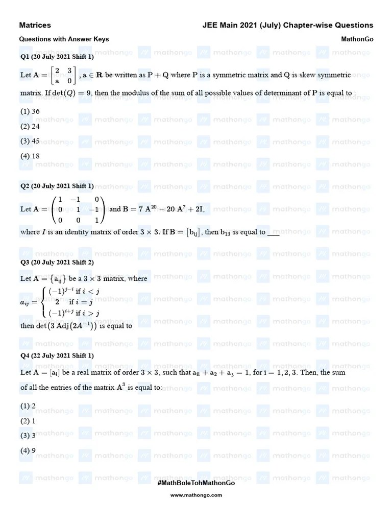 Matrices - JEE Main 2021 July Chapter-Wise - MathonGo | PDF