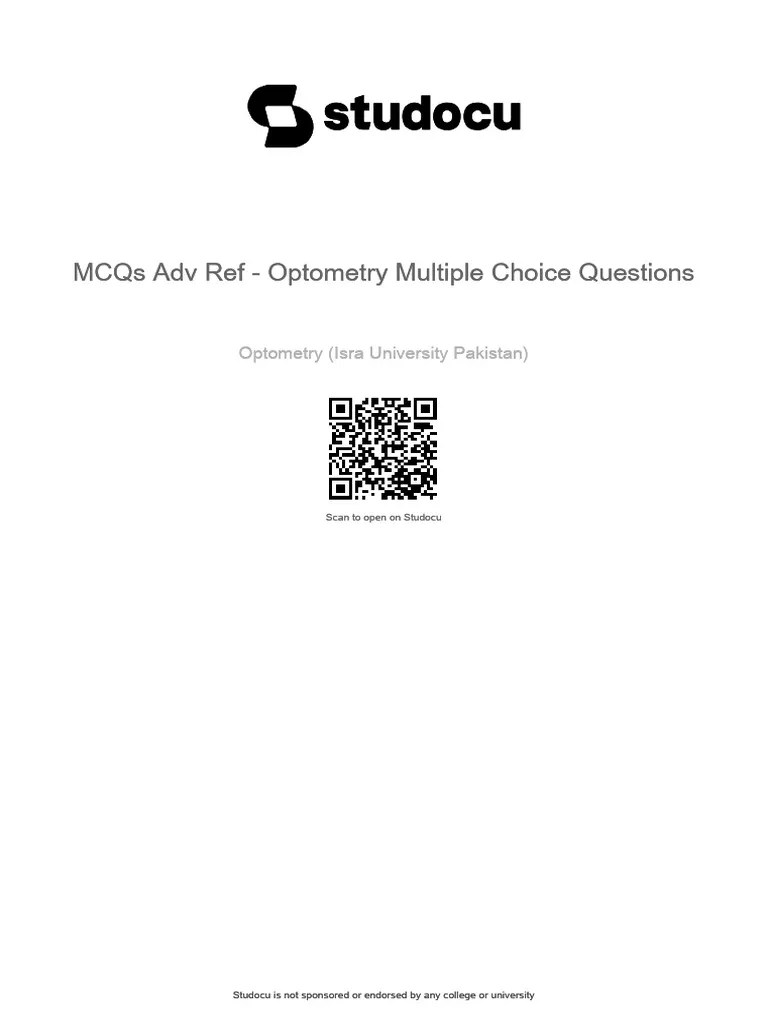 Mcqs Adv Ref Optometry Multiple Choiffce Questions | PDF | Myopia | Vision
