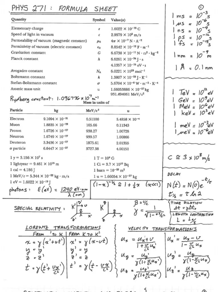 PHYS 271 Final Exam - Formula Sheet | PDF