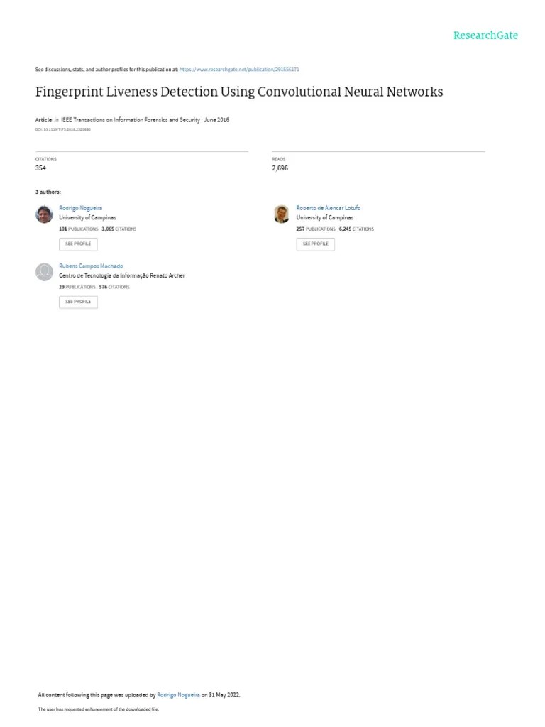 Fingerprint Liveness Detection Using Convolutional Neural Networks 3885387dvtwkv | PDF