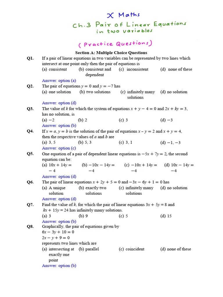 X Maths Ch3 Pair Of Linear Equations In Two Variables | PDF | Equations ...