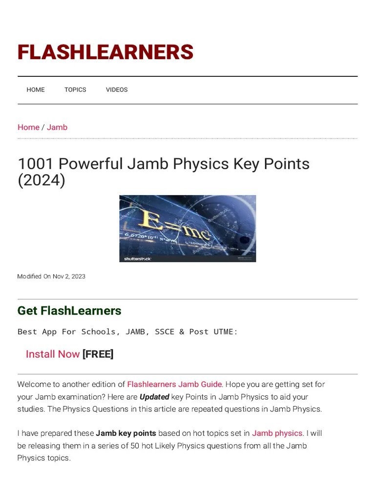 1001 Powerful Jamb Physics Key Points (2024) - FlashLearners | PDF