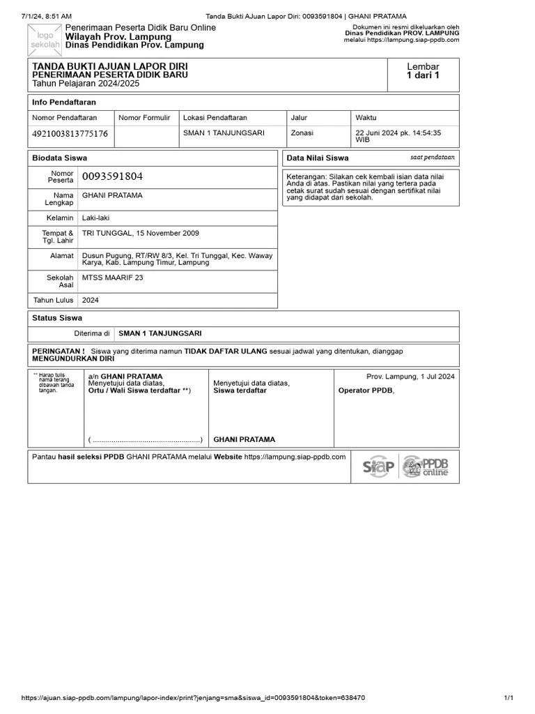 Tanda Bukti AJuan Lapor Diri - 0093591804 - GHANI PRATAMA | PDF