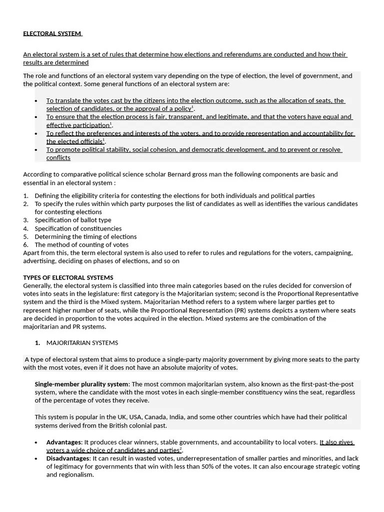 ELECTORAL SYSTEM Sem 4 Notes Political Science Du | PDF | Voting ...