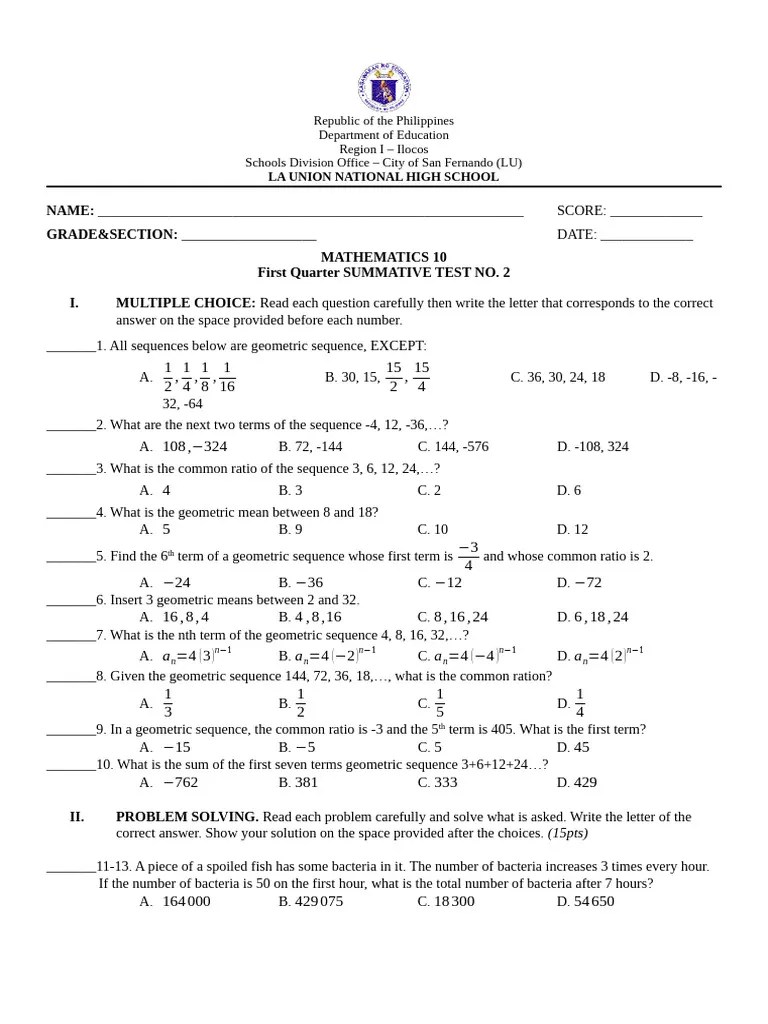 Summative #2 Grade 10 | PDF