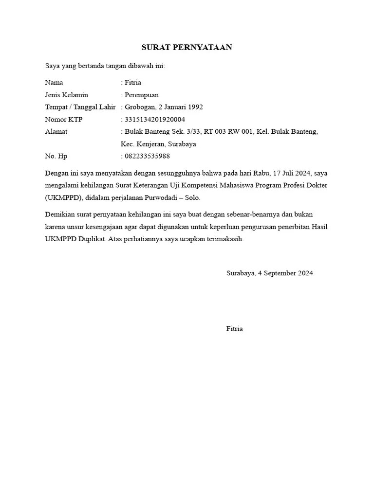 SURAT PERNYATAAN HILANG UKMPPD | PDF