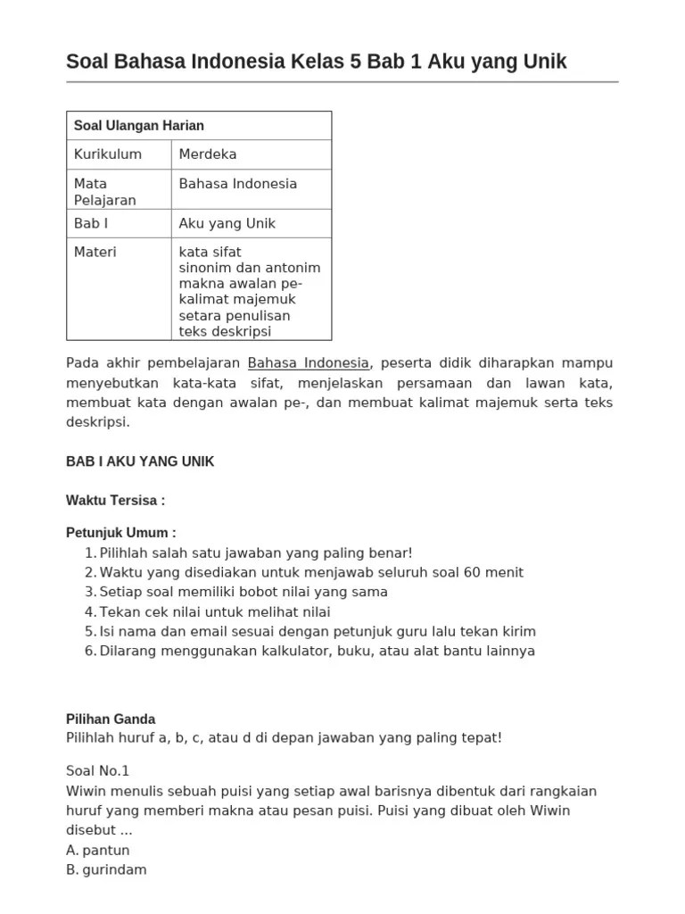 Soal Bahasa Indonesia Kelas 5 Bab 1 Aku Yang Unik | PDF