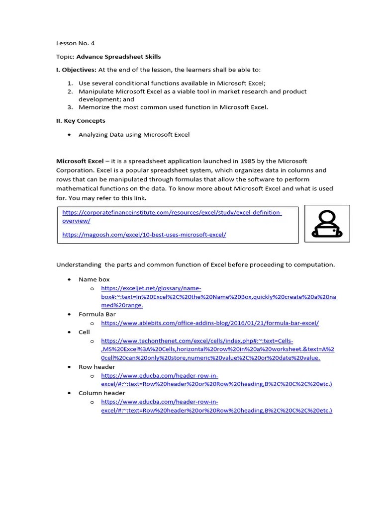 Lesson 4 Advanced Spreadsheet Skill Module Pdf Microsoft Excel Spreadsheet - Ultra HD Minimal Textures for Desktop