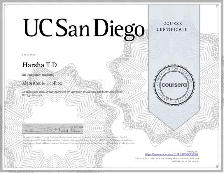 Coursera Algorithmic Toolbox Certificate | PDF