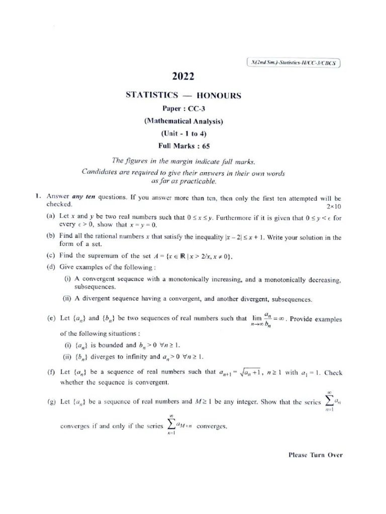 CU-2022 B.Sc. (Honours) Statistics Semester-2 Paper-CC-3 QP | PDF