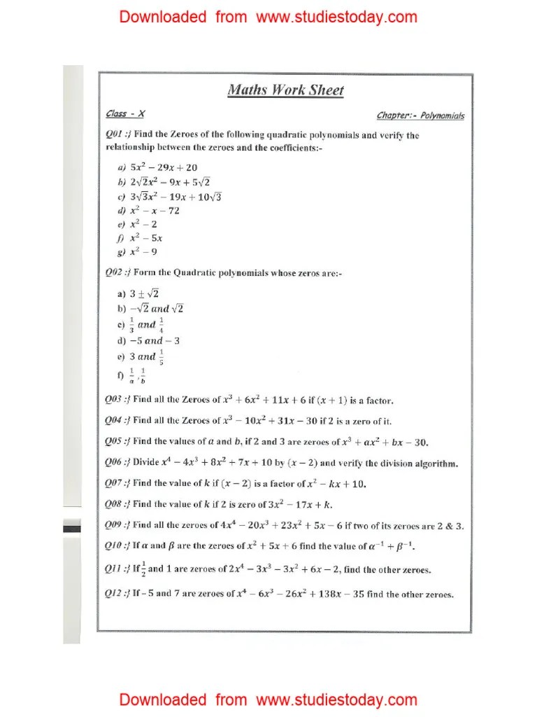 CBSE Class 10 Maths Worksheet - Polynomials | PDF