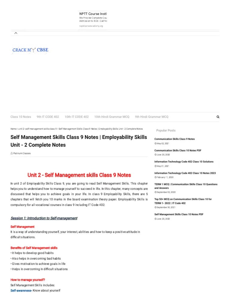 9th Self Management Skills Class 9 Notes - Employability Skills Unit - 2 Complete Notes | PDF