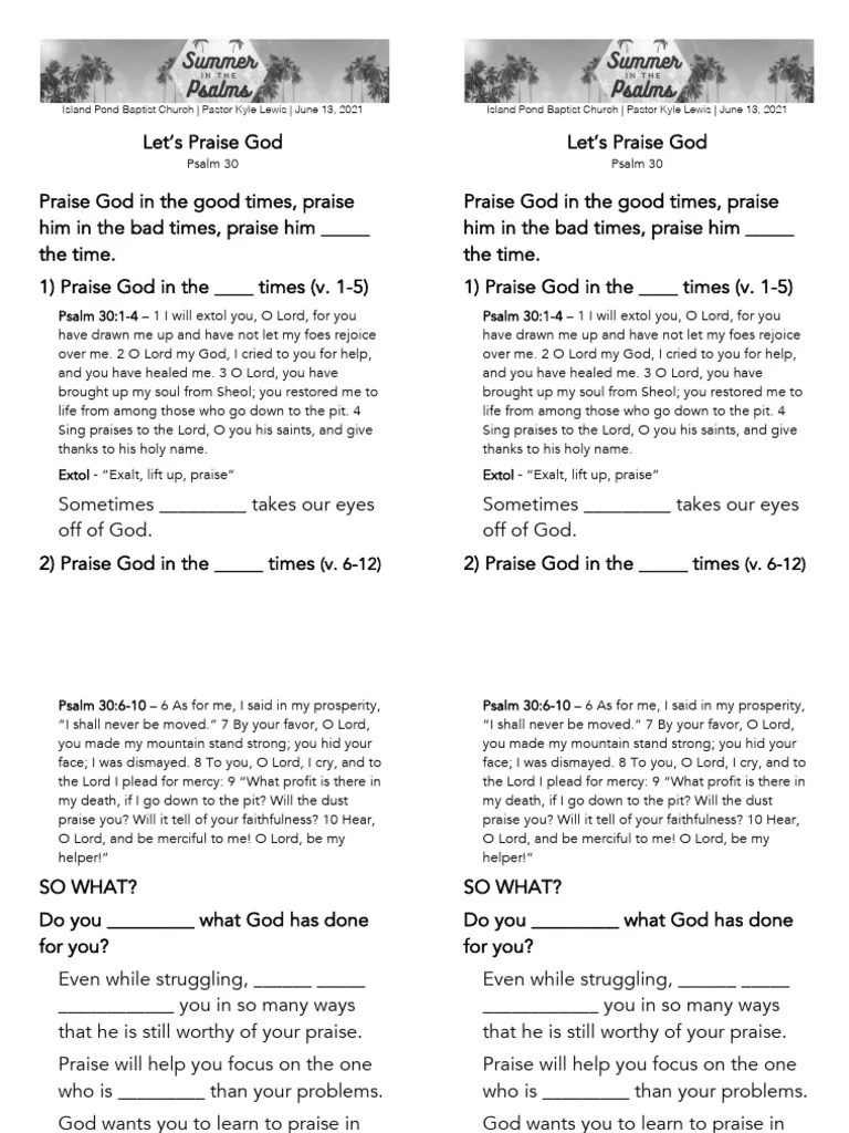 Psalm 30 Summer In The Psalms TEACHING SHEET | PDF