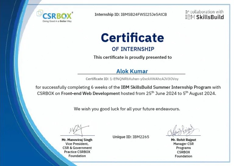 IBM SkillsBuild Front End Web Development Summer Internship Certificate ...