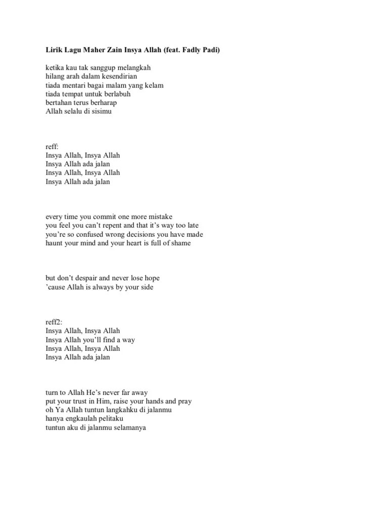 Barokallahu lakuma, ya nabi salam alaika,. Lirik Lagu Maher Zain Insya Allah Pdf