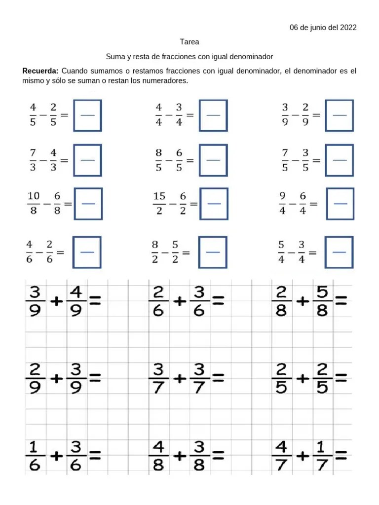Suma Y Resta De Fracciones Ejercicios | PDF