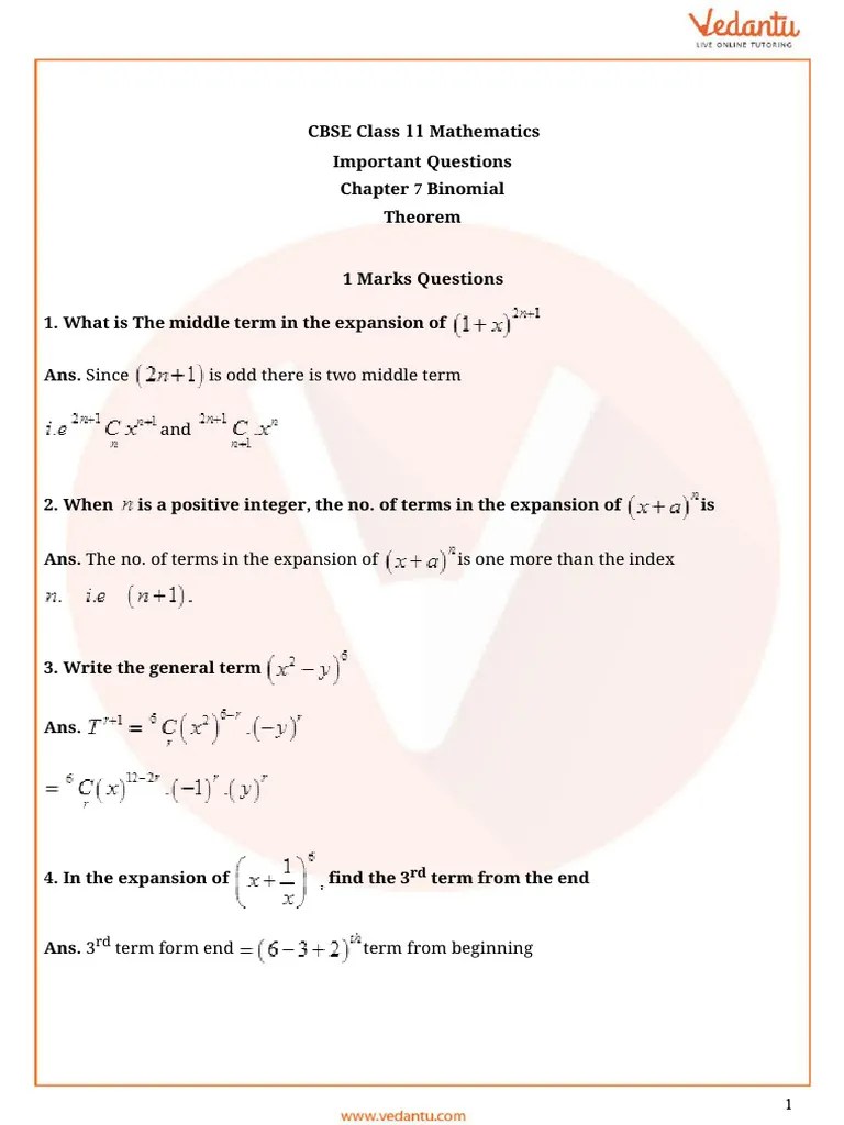 CBSE Class 11 Maths Chapter 7 - Binomial Theorem Important Questions ...