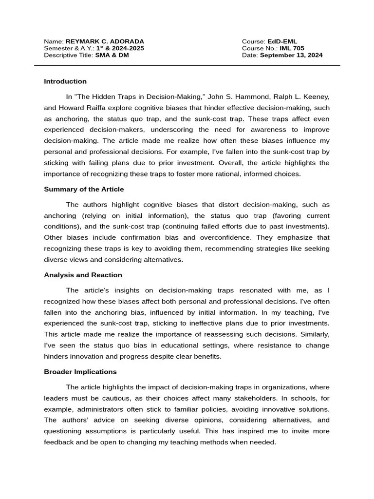 The Hidden Traps In Decision Making | PDF