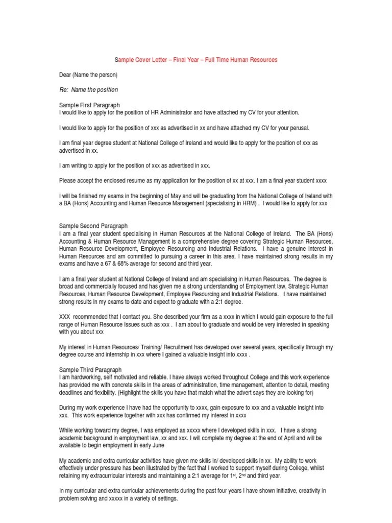 Sample Human Resources Cover Letter / Human Resource Administrator Cover Letter 20 Guides Examples - 29.06.2018 · address your cover letter to the human resources manager or another hr professional in the department.