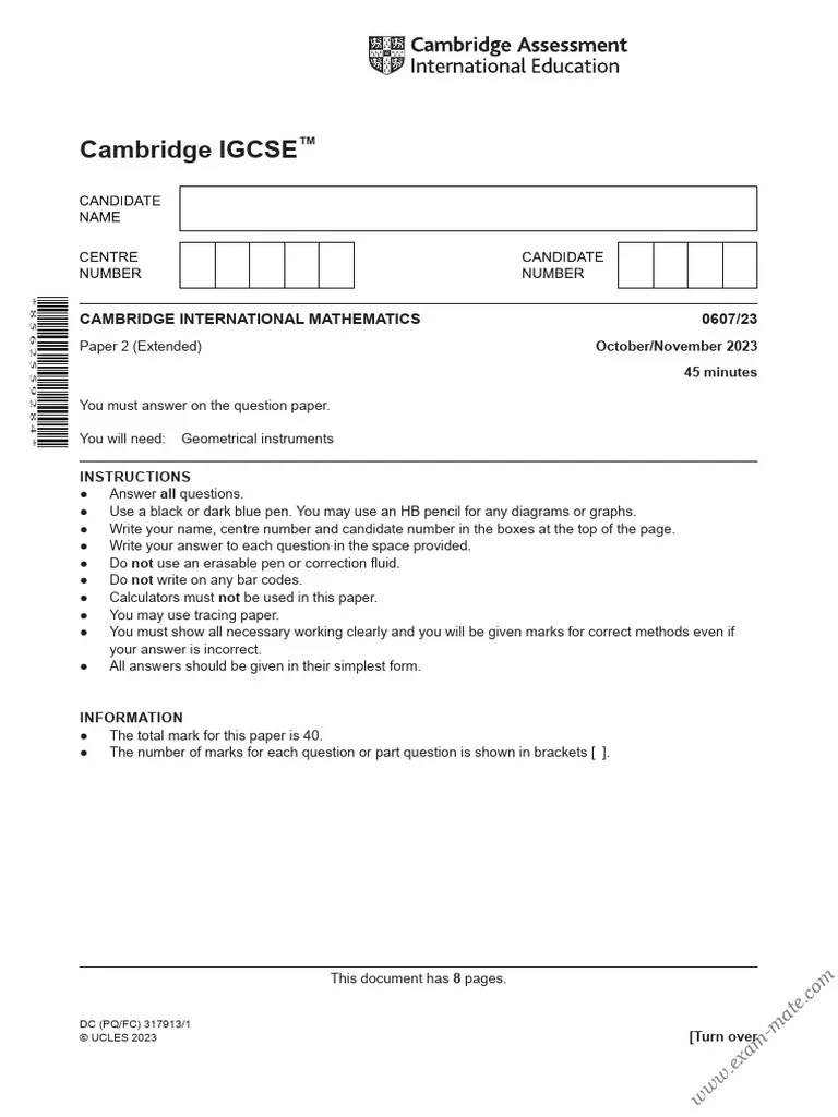 IGCSE Cambridge International Mathematics 060723 Paper 2 OctNov 2023 | PDF | Area | Surface Area