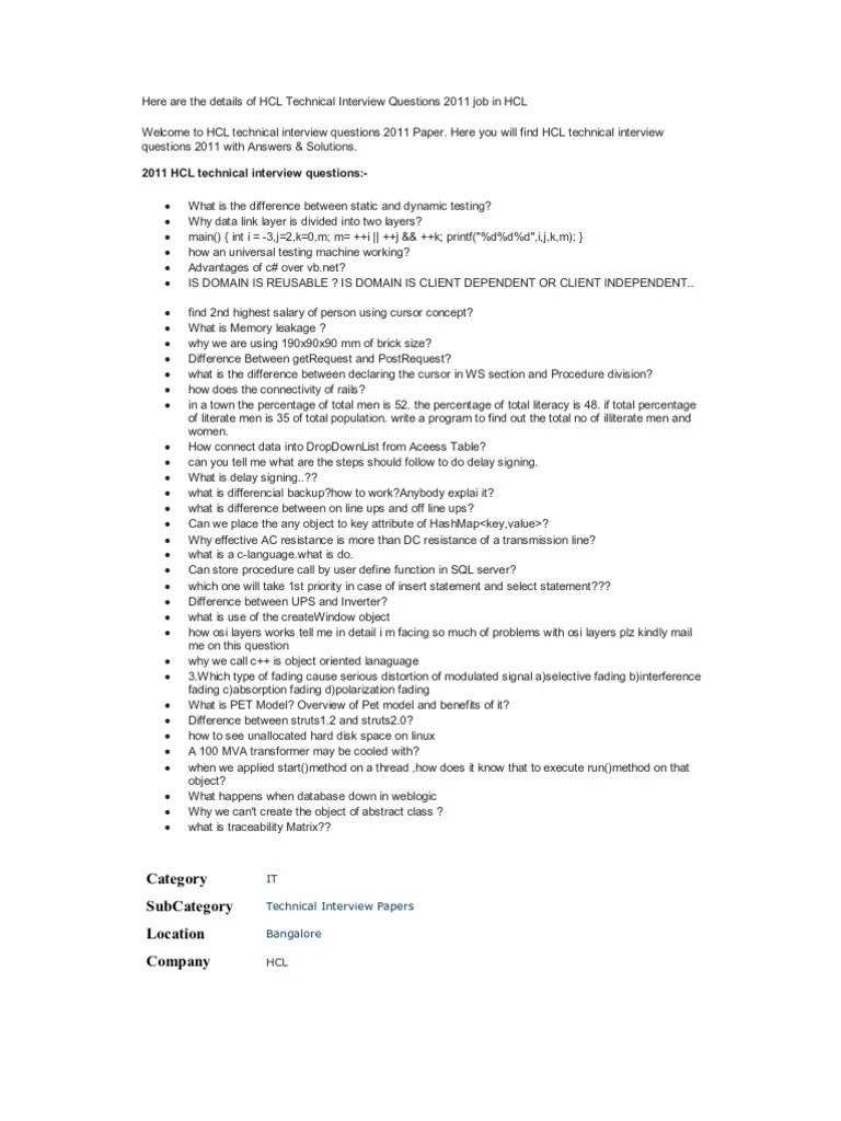 Here Are The Details Of HCL Technical Interview Questions 2011 Job In ...