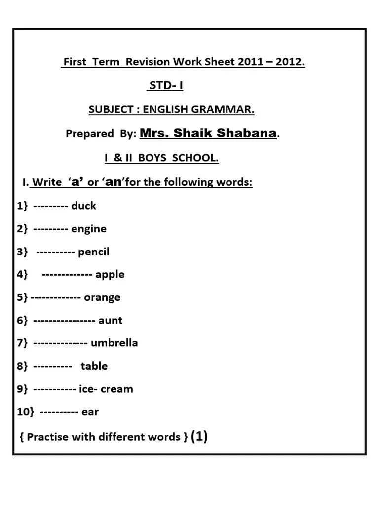CBSE Class 1 English Worksheets (40) - English Grammer | PDF