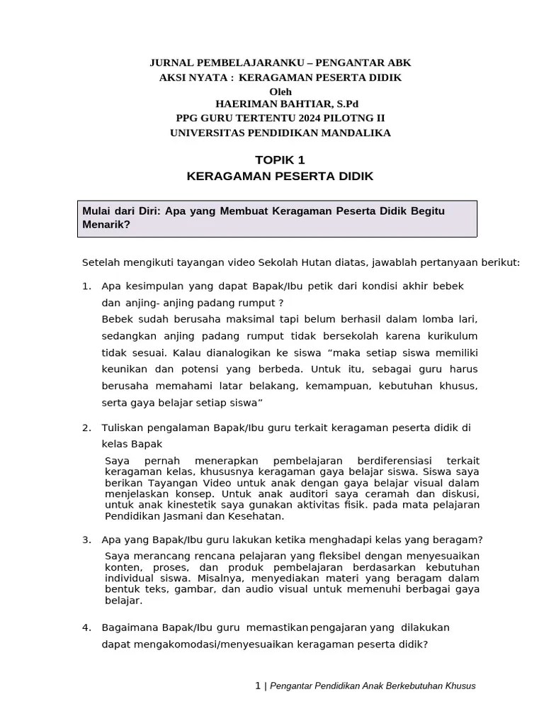 Jurnal Pembelajaran 3 (Modul PP ABK) - Keberagaman LOLOS VALIDASI | PDF