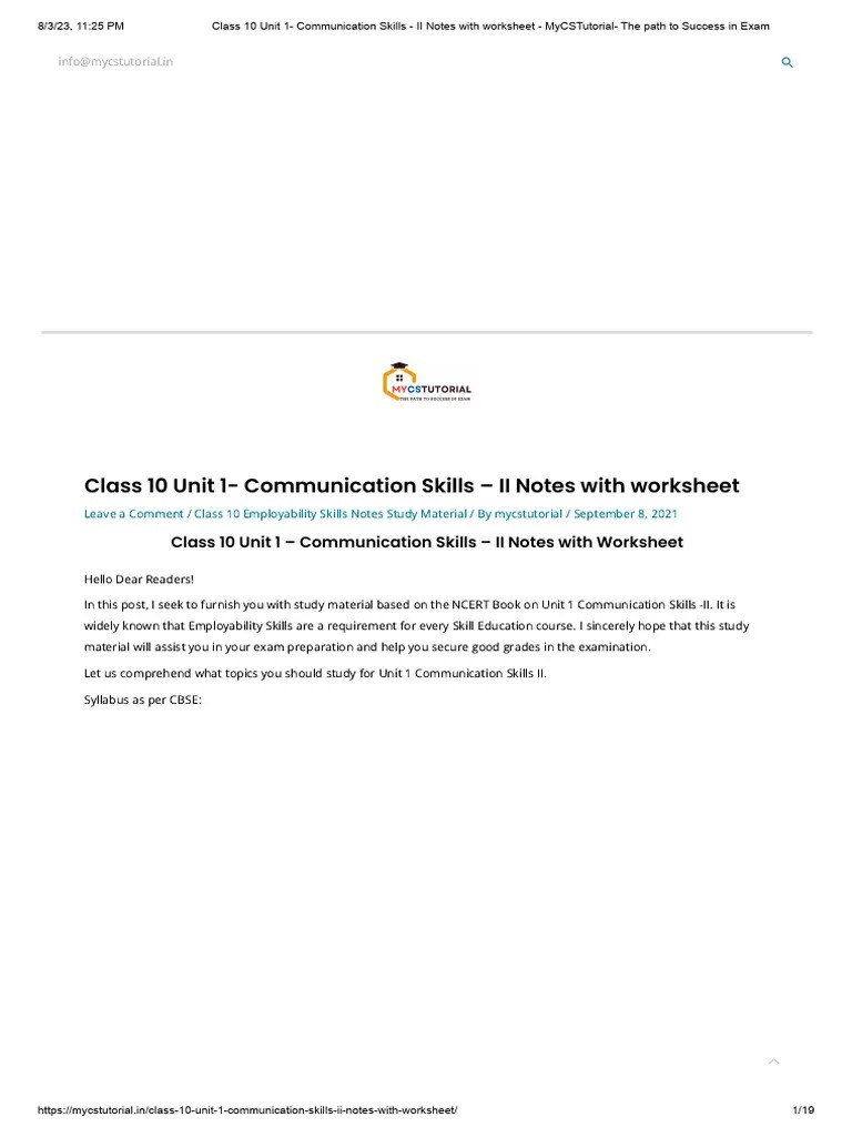 Class 10 Unit 1 - Communication Skills - II Notes With Worksheet - MyCSTutorial - The Path To ...