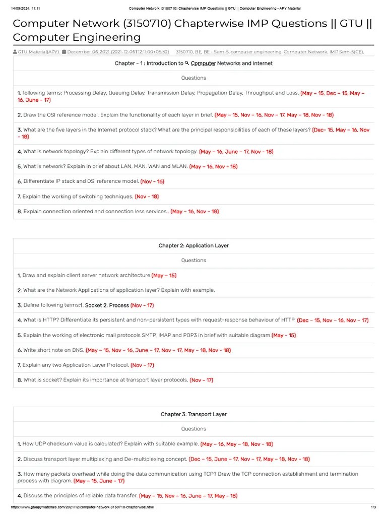 Computer Network (3150710) Chapterwise IMP Questions - GTU - Computer ...