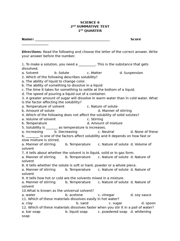 Science 6 - Summative Test No. 2 | PDF