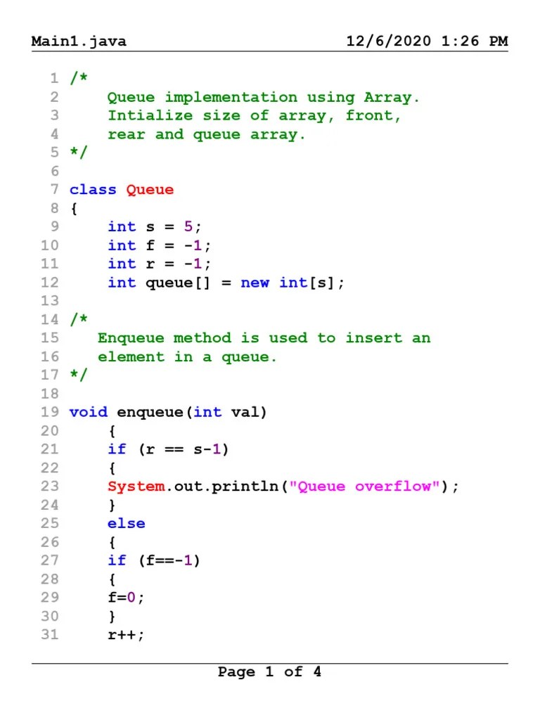 Queue Implementation Using Array | PDF | Queue (Abstract Data Type) | Computer Programming