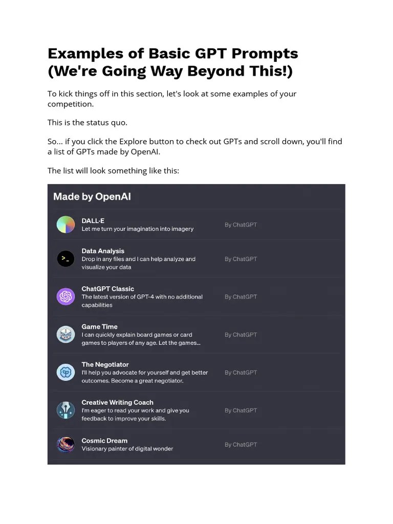 Examples Of Basic GPT Prompts | PDF
