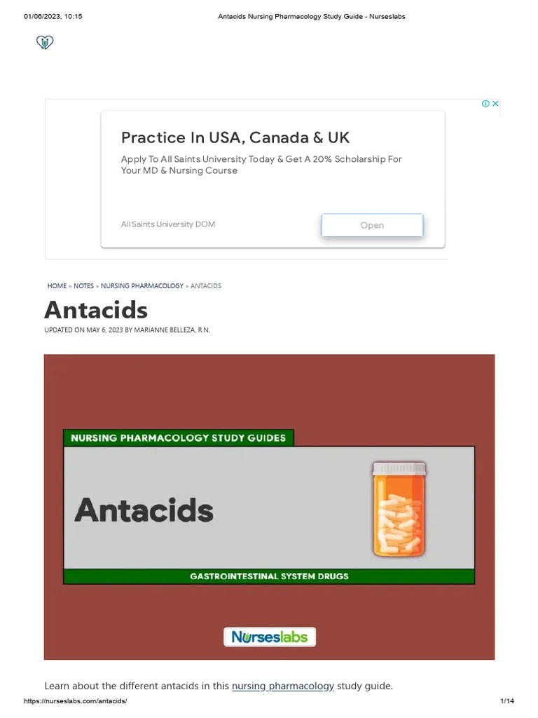 Antacids Nursing Pharmacology Study Guide - Nurseslabs | PDF