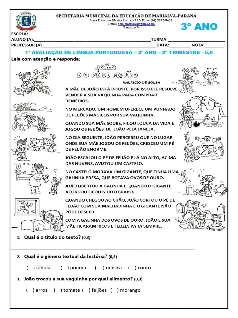 AVALIAÇÃO PORTUGUÊS - 3 ANO - 2 TRIMESTRE | PDF