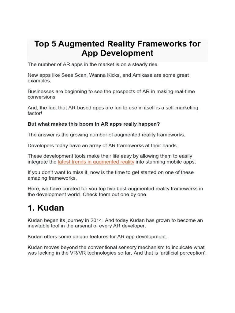 Top 5 Augmented Reality Frameworks For App Development | PDF