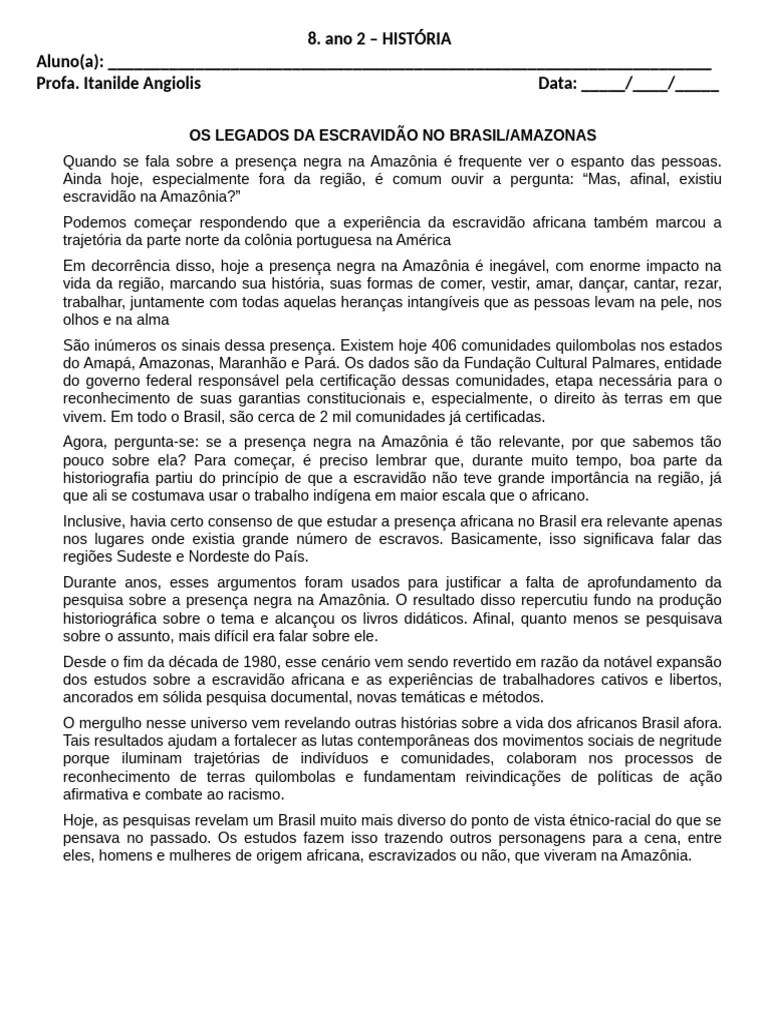 Ano 2 - Os Legados Da Escravidão No Brasil | PDF