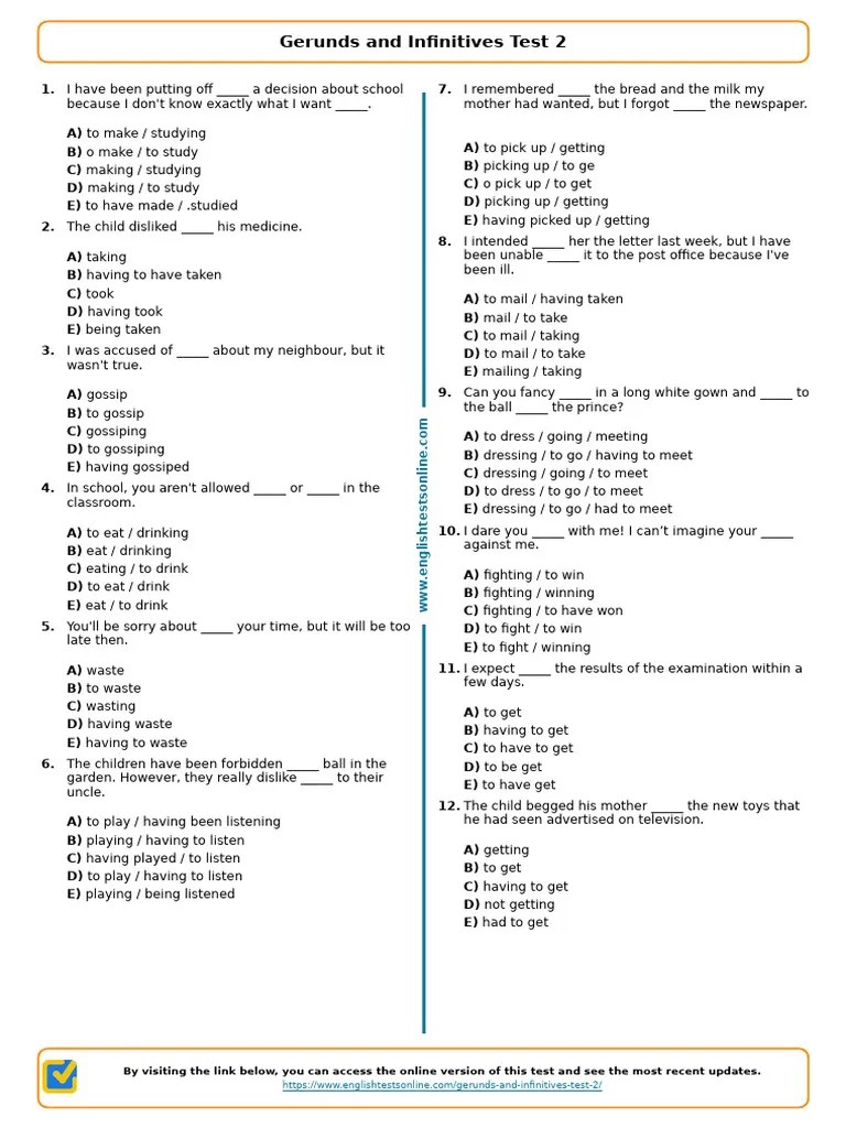 1826 Gerunds And Infinitives Test 2 | PDF