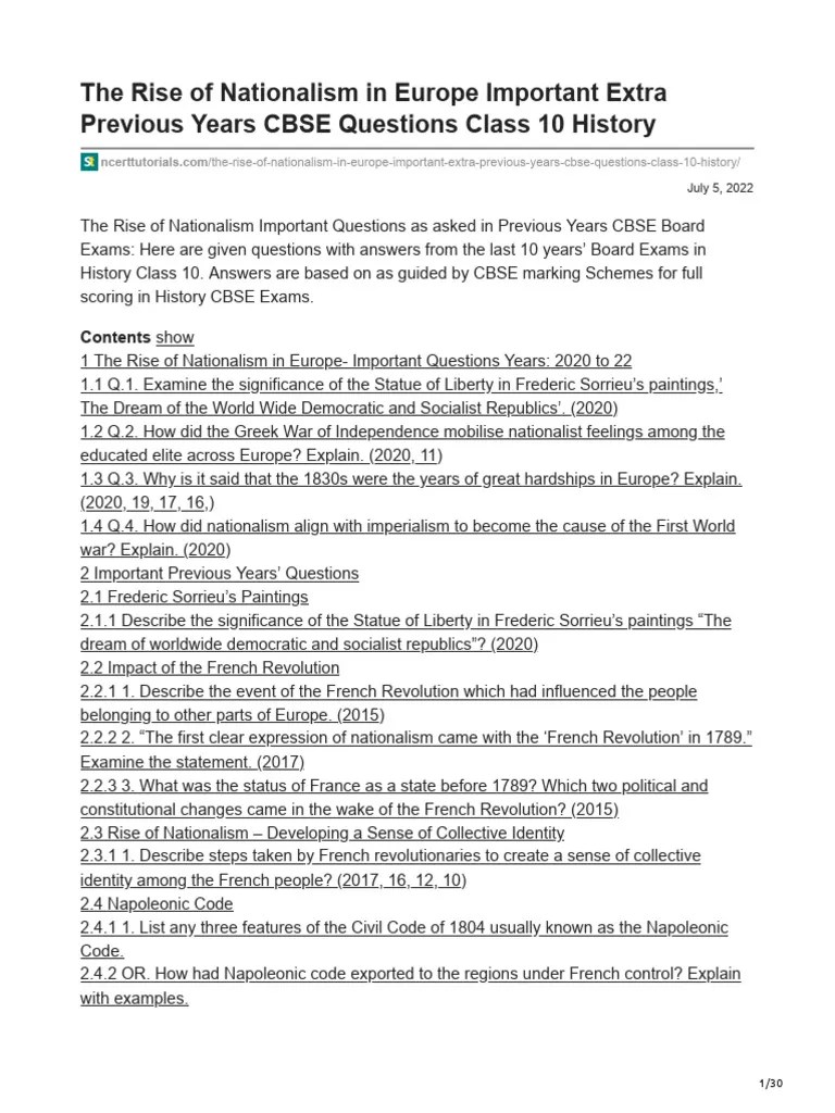 The Rise Of Nationalism In Europe Important Extra Previous Years CBSE ...