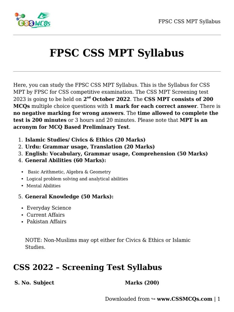 FPSC CSS MPT Syllabus | PDF