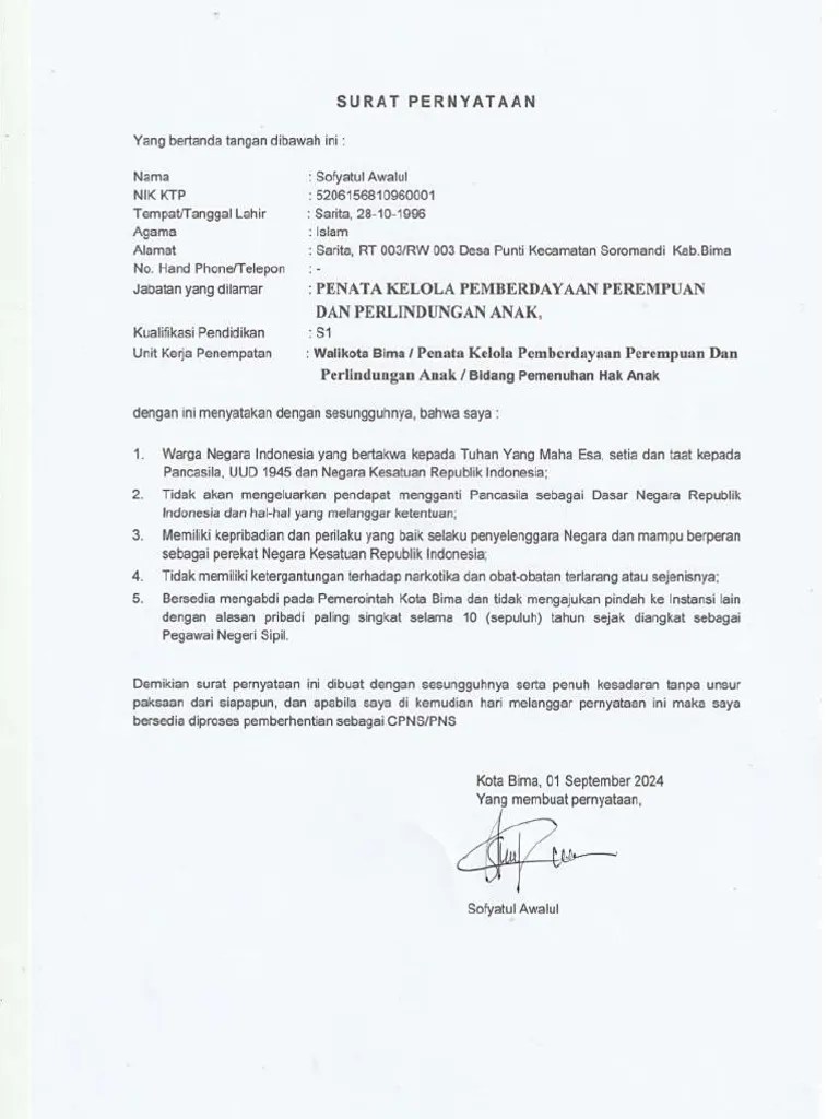 Surat Pernyataan Tidak Pindah 10 Tahun Sofyatul | PDF