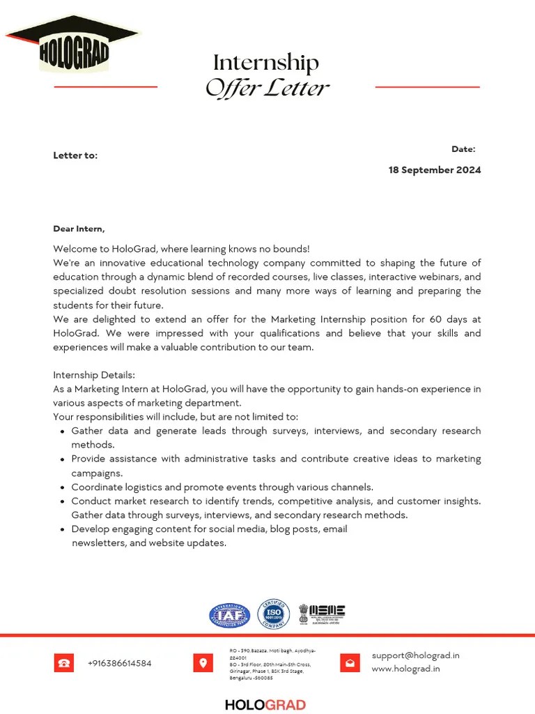 Marketing Internship Offer Letter | PDF | Internship | Job Hunting