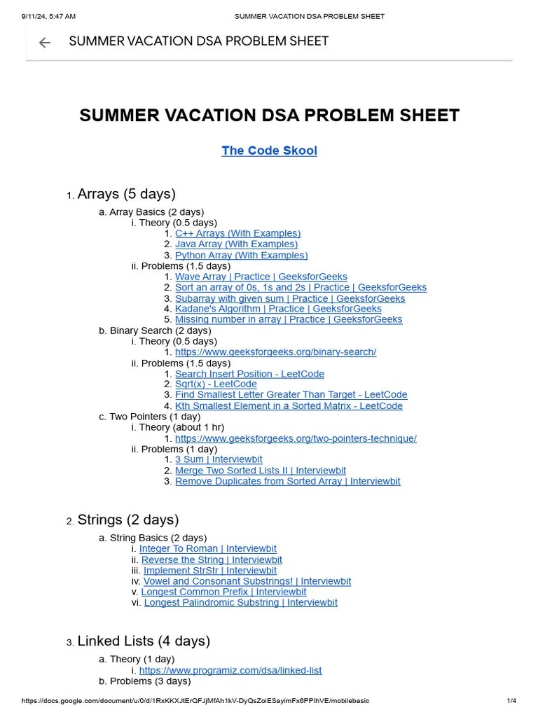 Summer Vacation Dsa Problem Sheet | PDF