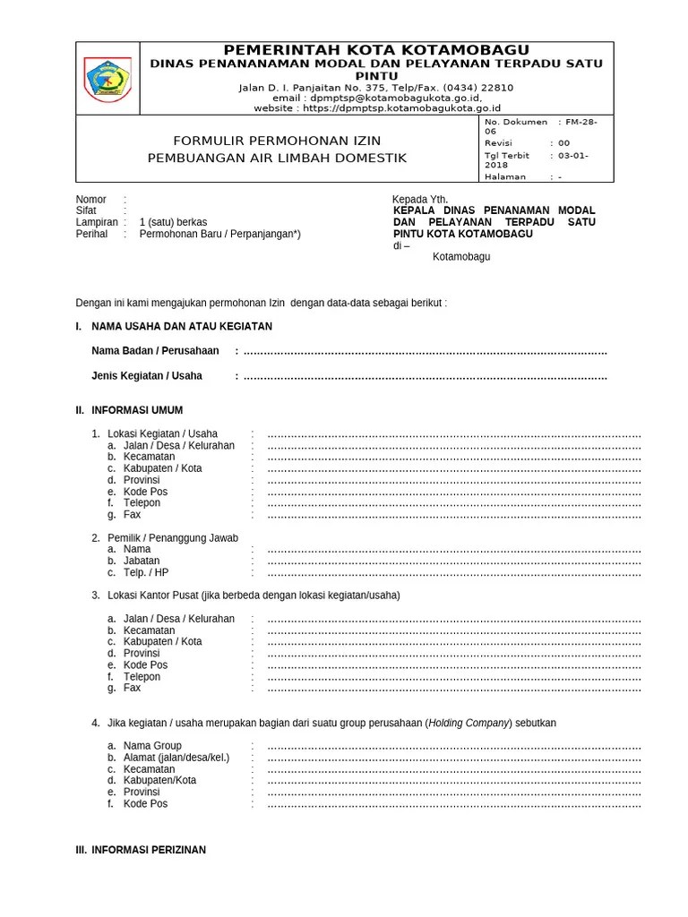 B9982 Formulir Izin Izin Pembuangan Air Limbah Domestik | PDF