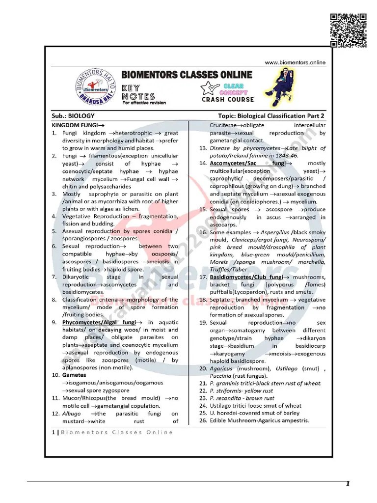 Biology - Biological Classification Part 2- Crash Course Notes | PDF