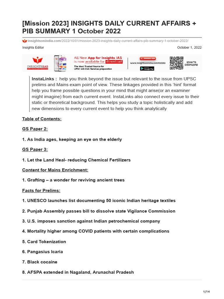 Insightsonindia.com-mission 2023 Insights Daily Current Affairs Pib Summary 1 October 2022 | PDF
