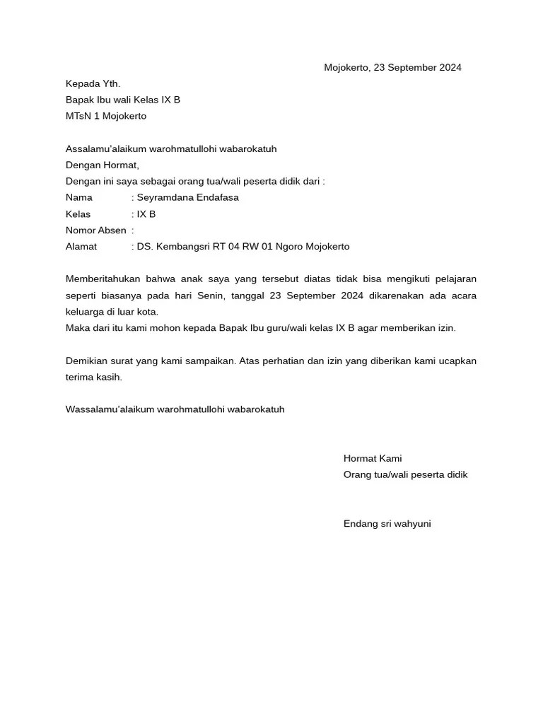 Surat Ijin Tidak Masuk Sekolah | PDF