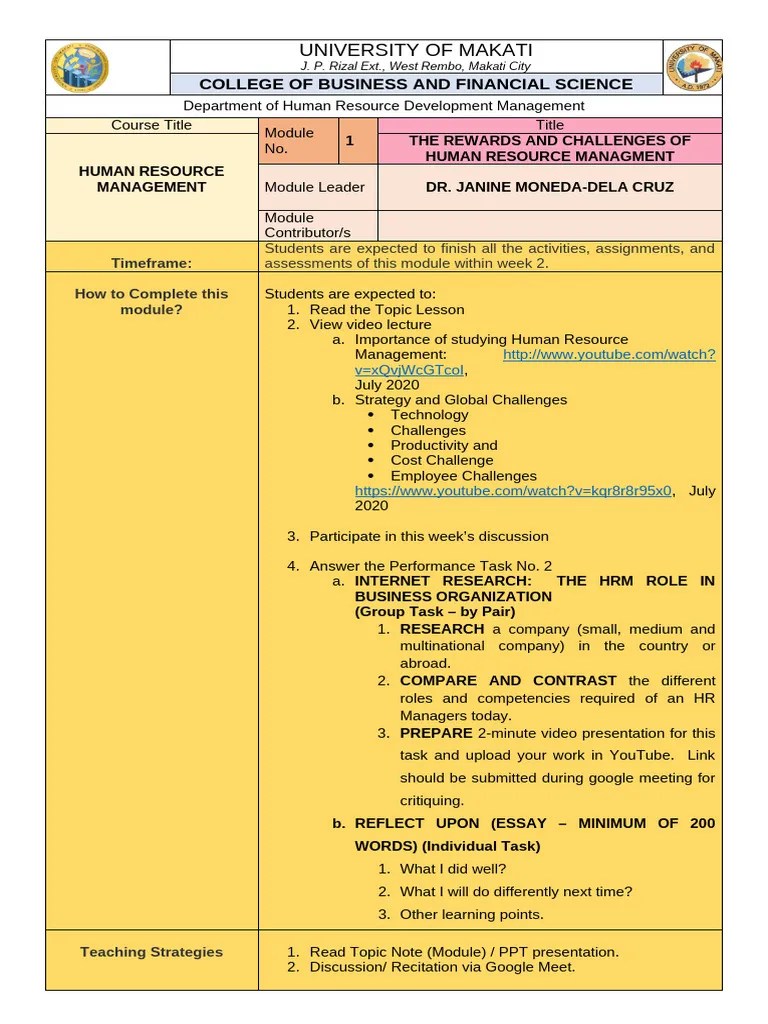 2020 Module 1 HRM The Rewards And Challenges Of Human Resource ...