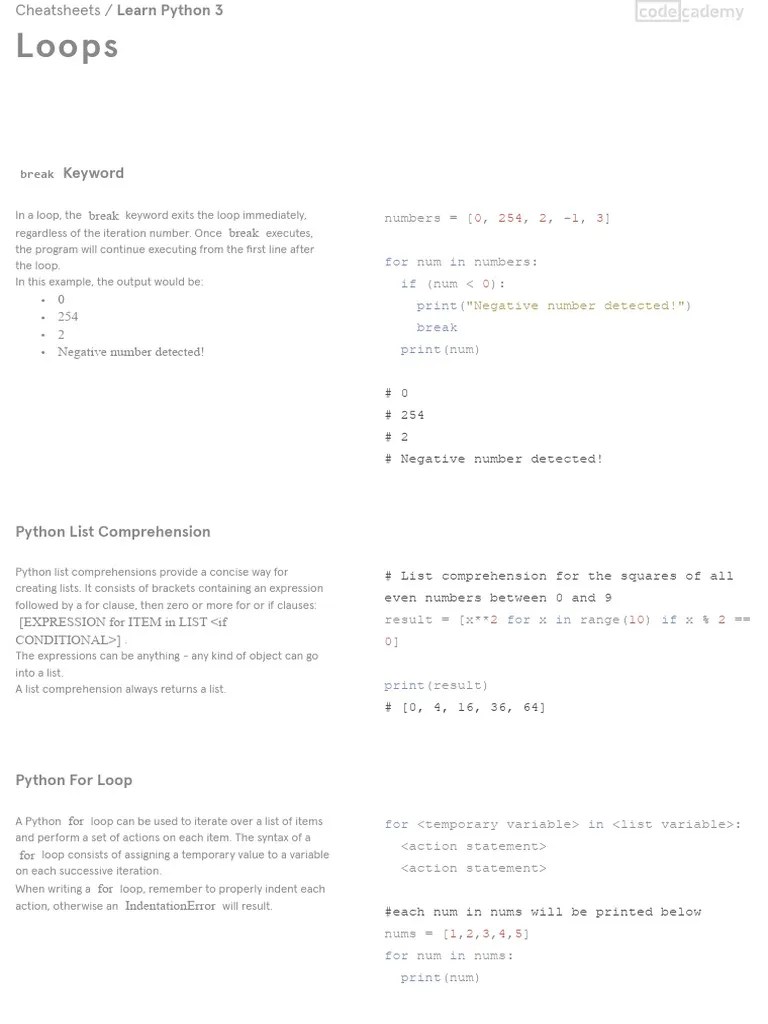 Learn Python 3 - Loops Cheatsheet - Codecademy | PDF