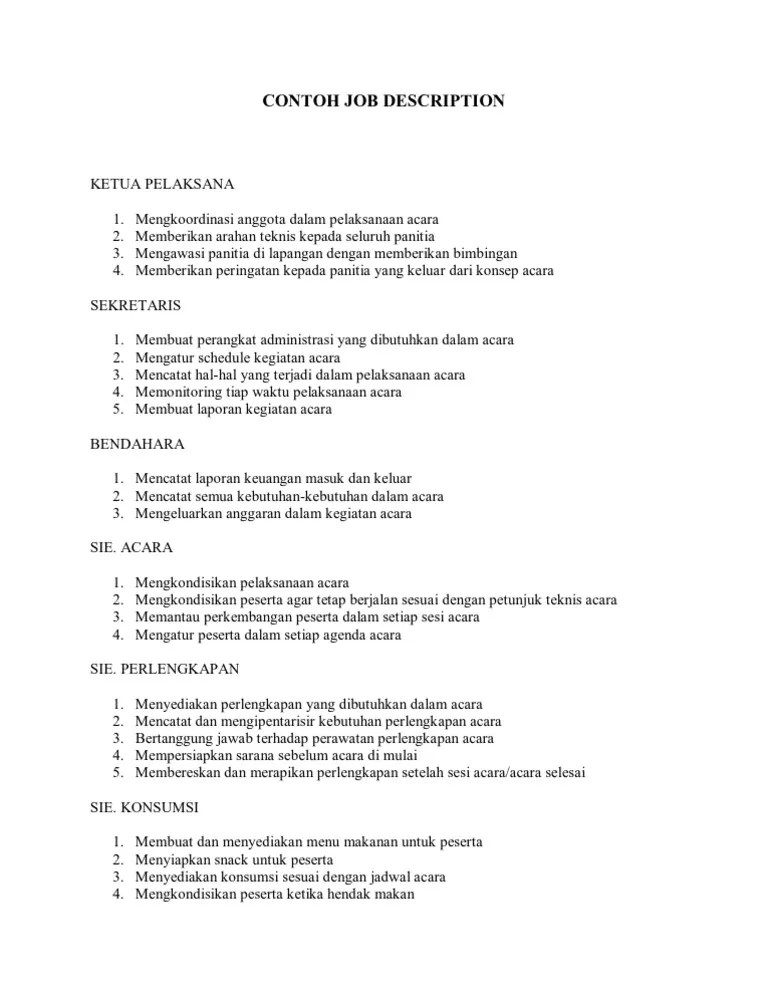 Dibuat diperiksa disetujui distibusi departement Contoh Job Description